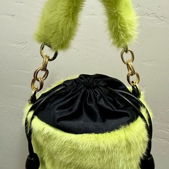 Handmade Lime Green Genuine Mink Fur & Drawstring Bucket Bag/Crossbody - Picture 12 of 15